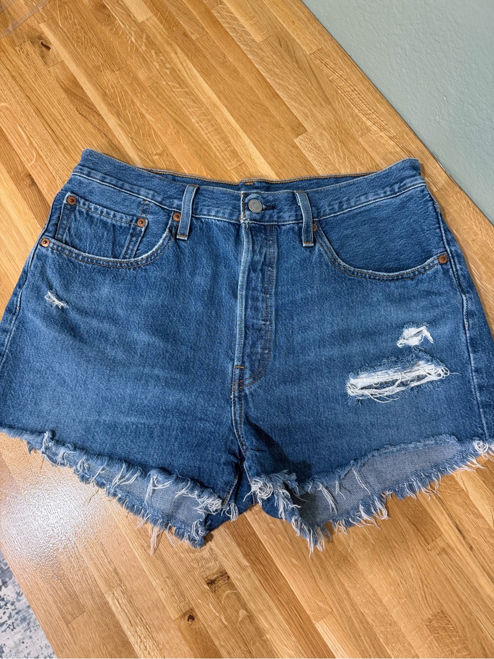 Levi's Dark Blue Distressed Denim Cutoff Shorts